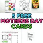 A collection of colorful, printable Mother’s Day cards for kids to color, including designs like “M is for Mom,” “Happy Mother’s Day” with flowers, and a golden trophy with “World’s Best Mom.” There are also two fill-in-the-blank sheets titled “All About My Mom” and “All About Grandma,” plus a pack of Crayola crayons.