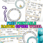 Easter printable cipher wheel with six coded message cards, rotating decoder disks, and colorful Easter-themed symbols for kids.