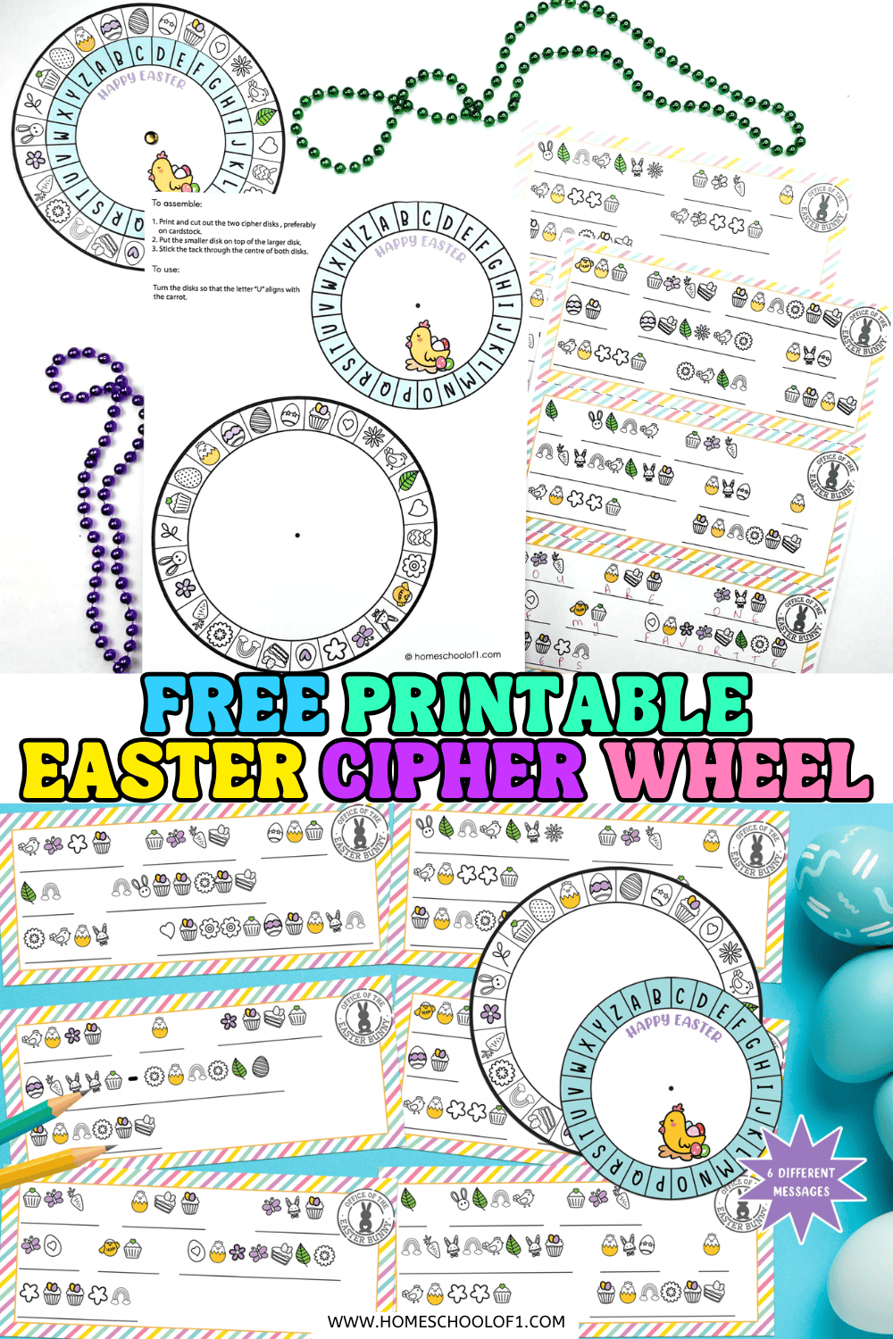Easter printable cipher wheel with six coded message cards, rotating decoder disks, and colorful Easter-themed symbols for kids.
