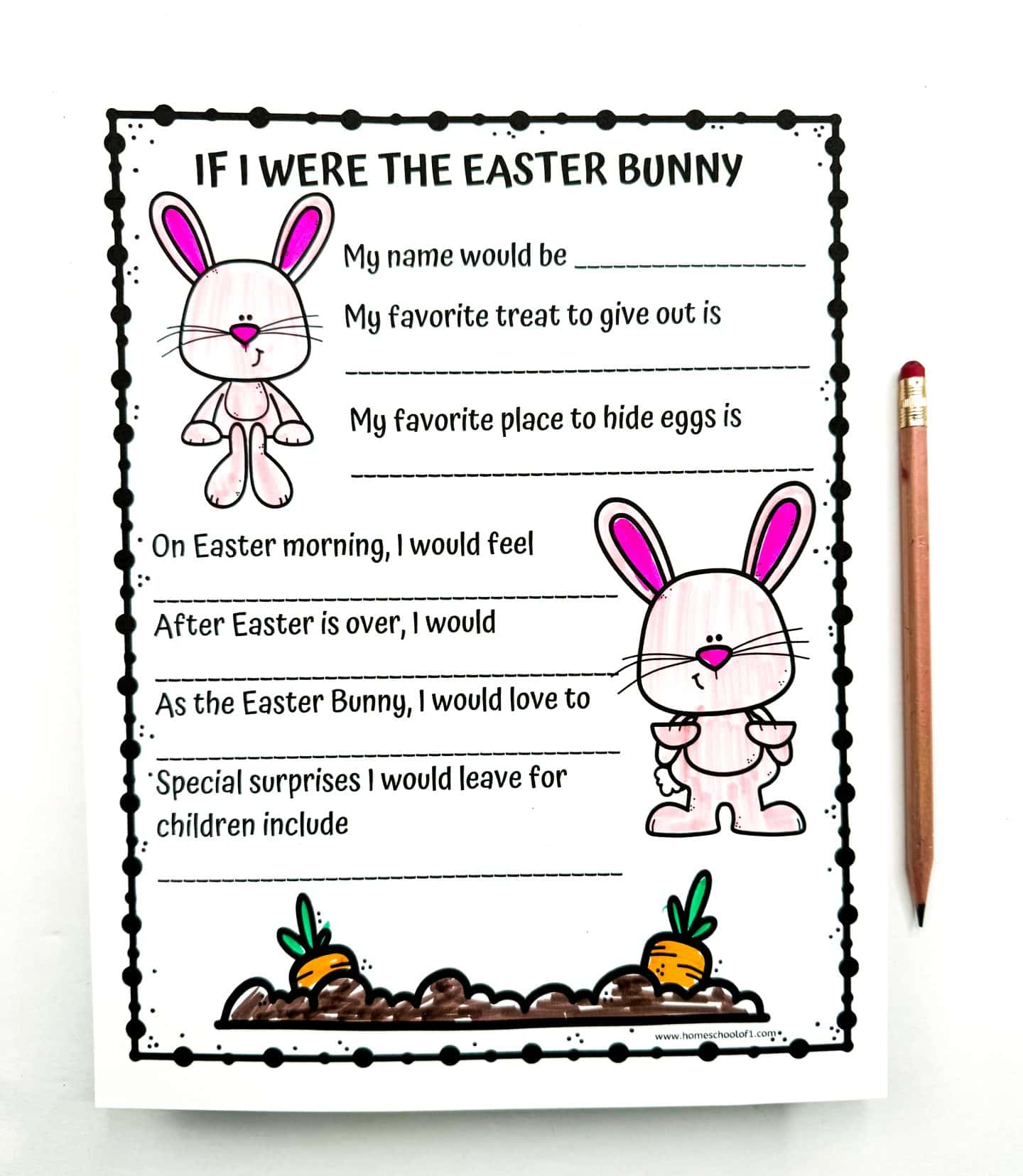 Colored in version of a printable Easter writing prompt titled “If I Were the Easter Bunny,” where children can fill in imaginative answers about being the Easter Bunny. The page features pink-colored bunny illustrations and orange carrots in brown soil, with a pencil placed beside it. Prompts include favorite treats, egg hiding spots, and special surprises for kids.