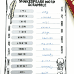 Free printable Shakespeare word scramble worksheet with handwritten answers. Includes vocabulary like play, sonnet, and drama.
