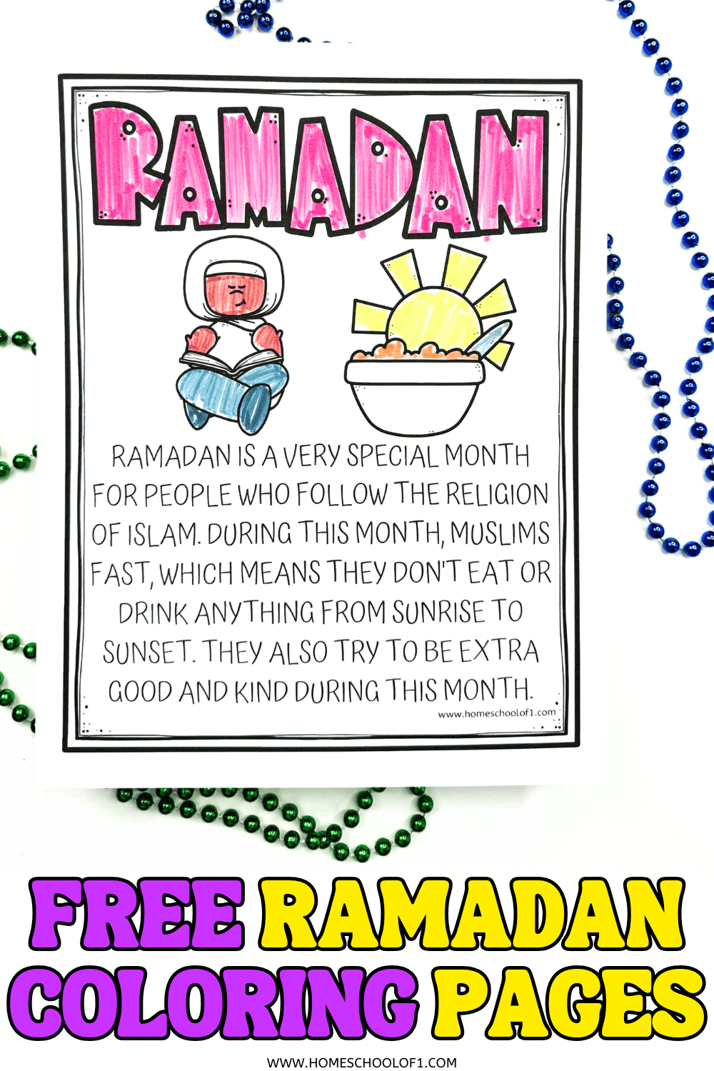 Ramadan coloring page showing a child reading the Quran, a bowl with sunrise, and simple text explaining the month of fasting.