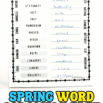 Spring word scramble free printable worksheet with 12 seasonal vocabulary words, answer key included, for elementary kids literacy practice