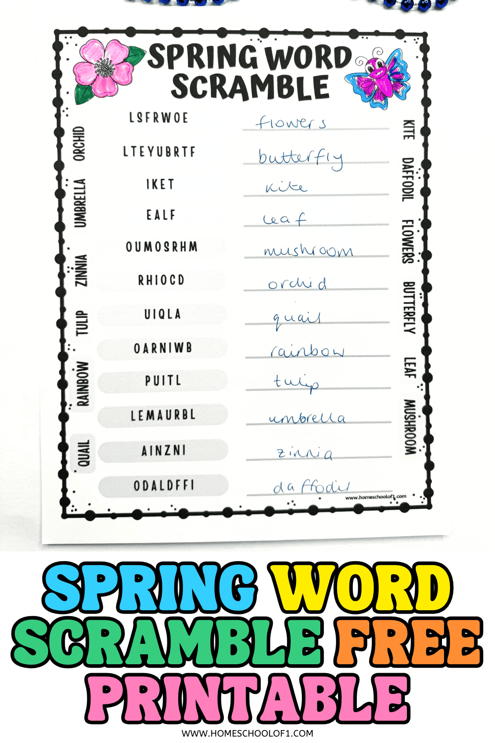 Spring word scramble free printable worksheet with 12 seasonal vocabulary words, answer key included, for elementary kids literacy practice
