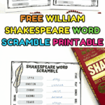 Two versions of the free William Shakespeare word scramble printable side by side, with colorful title text.