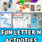 Printable preschool Letter N activities including cut-and-paste pages, narwhal crafts, and tracing worksheets for early literacy.