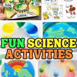 Colorful science activities for kids with butterfly life cycle, water experiments, and Earth layers craft.