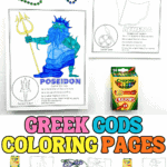 Greek gods coloring pages printable featuring Poseidon and Athena with simple facts for kids