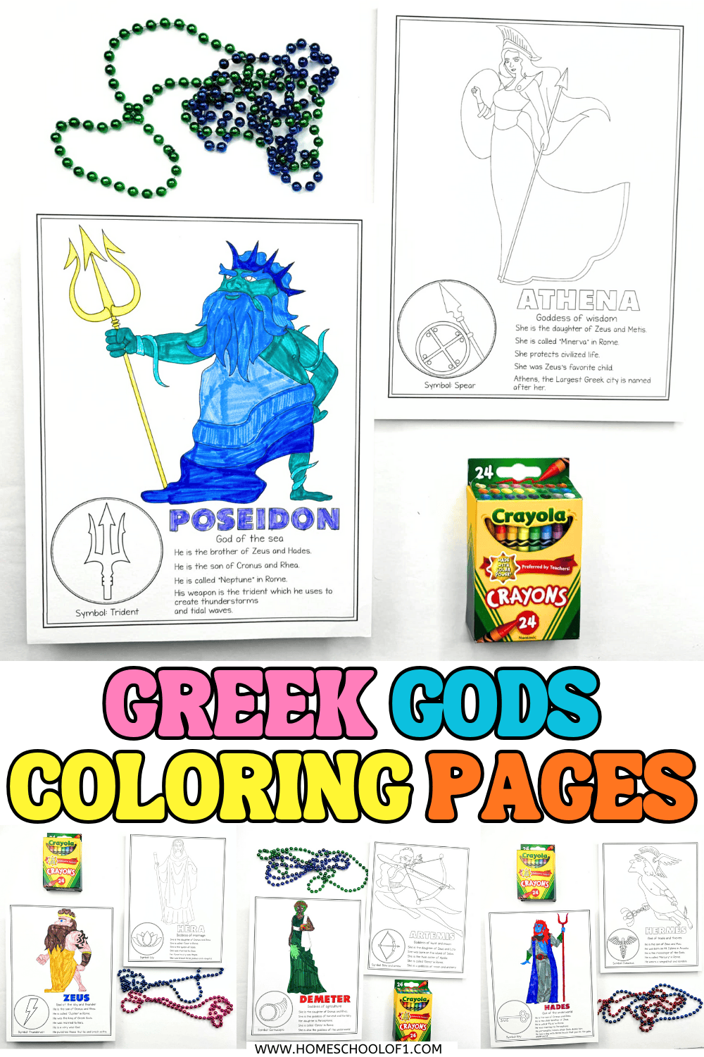 Greek gods coloring pages printable featuring Poseidon and Athena with simple facts for kids