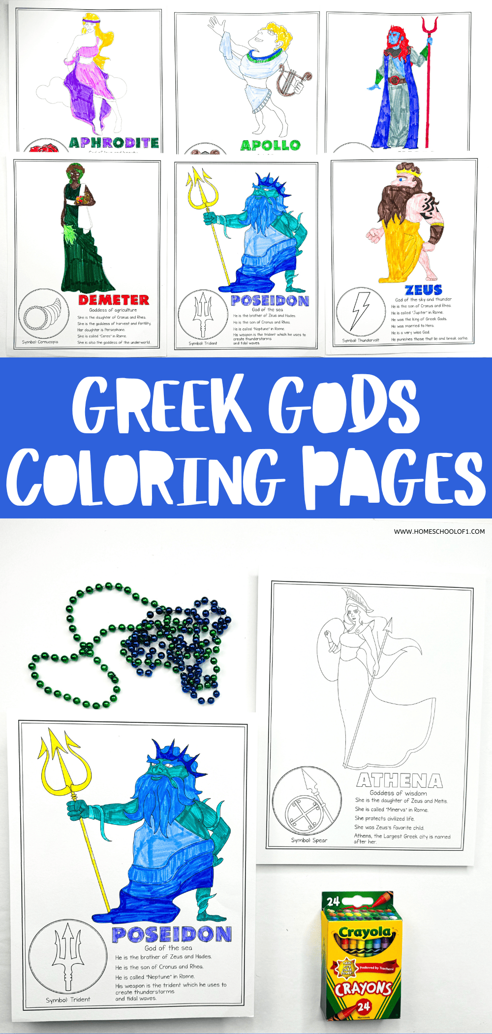  coloring pages of Greek gods: Aphrodite, Apollo, Demeter, Poseidon, and Zeus, with brief descriptions of each god's attributes. There is a Crayola crayon box and green and blue beads visible at the bottom.