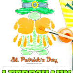 Leprechaun handprint craft made with orange paint handprints for the beard, green hat, and St Patrickโs Day printable template with paintbrush and paint pot