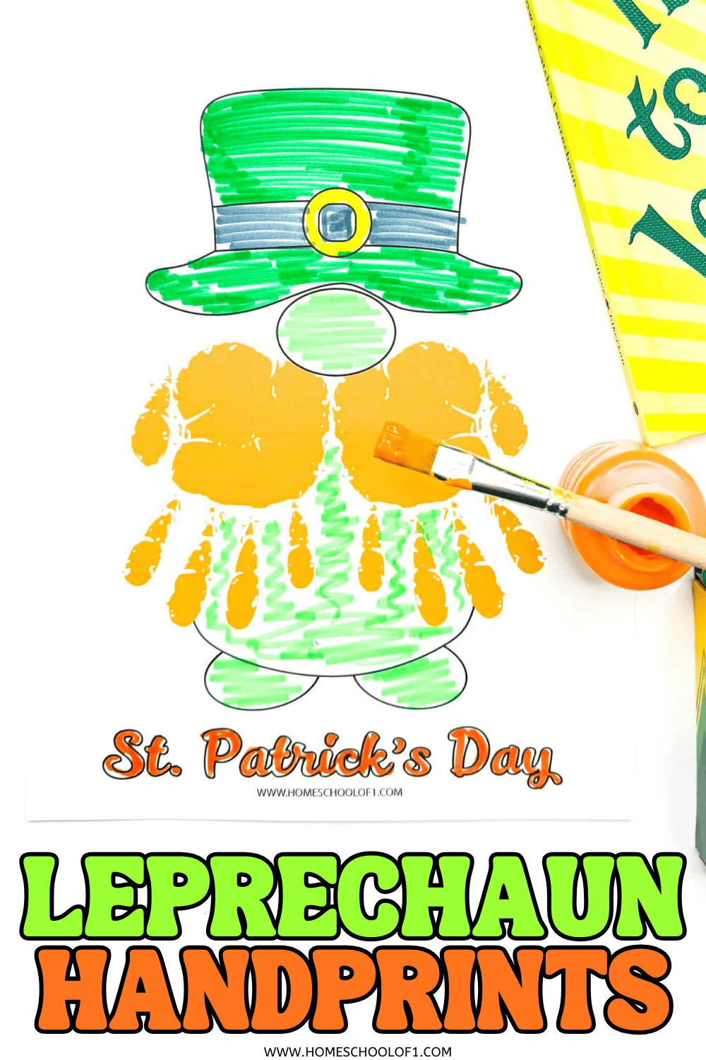 Leprechaun handprint craft made with orange paint handprints for the beard, green hat, and St Patrickโs Day printable template with paintbrush and paint pot