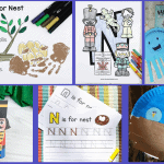 A playful assortment of 'N' themed crafts and activities for children, including a coloring page with the letter 'N is for Nest', a nutcracker tube craft, Narwhal-themed crafts and books, and a handwriting practice worksheet.