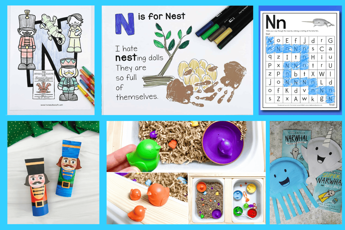 Letter N preschool activities featuring crafts, coloring pages, sensory play, and worksheets with a Nutcracker and Narwhal theme.