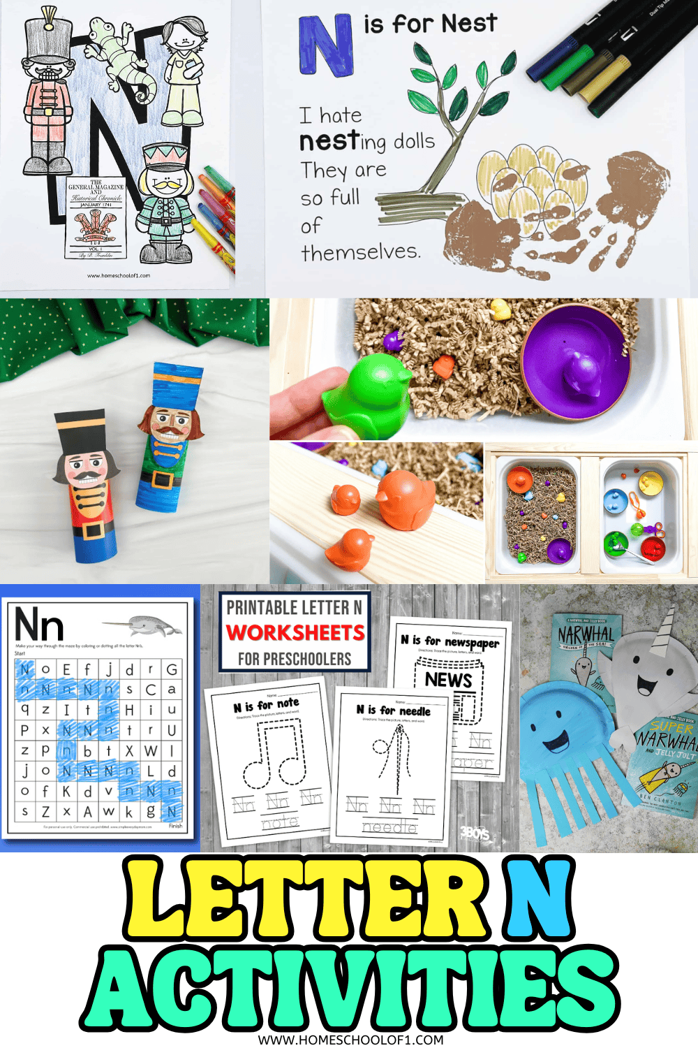 Letter N crafts and worksheets for preschoolers featuring Nutcracker coloring, playdough nests, and narwhal-themed projects.

