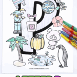 Printable letter P coloring sheet for preschool and kindergarten with fun P words like pig, penguin, pumpkin, and polar bear.