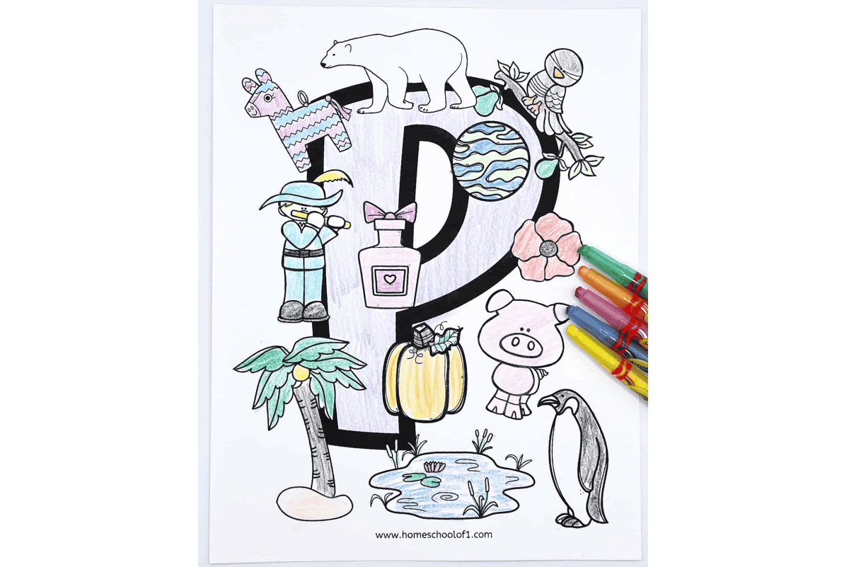 Free letter P coloring page for preschool featuring pig, penguin, pumpkin, polar bear, planet, palm tree, pond, piñata, perfume, partridge, piper piping, and poppy flower.