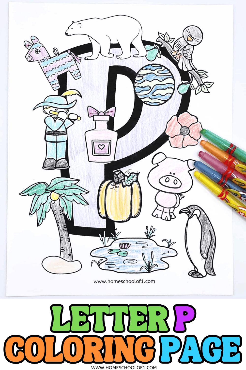 Printable letter P coloring sheet for preschool and kindergarten with fun P words like pig, penguin, pumpkin, and polar bear.