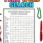 Printable Chinese New Year word search worksheet with 20 holiday words listed on the left and a puzzle grid on the right.