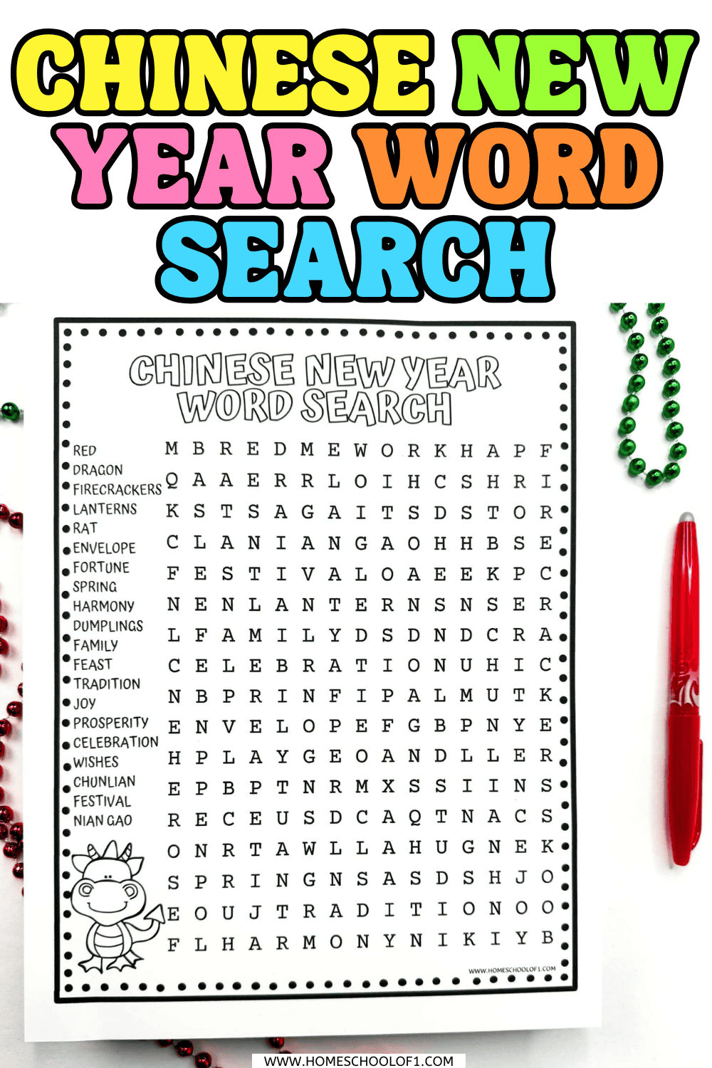 Printable Chinese New Year word search worksheet with 20 holiday words listed on the left and a puzzle grid on the right.