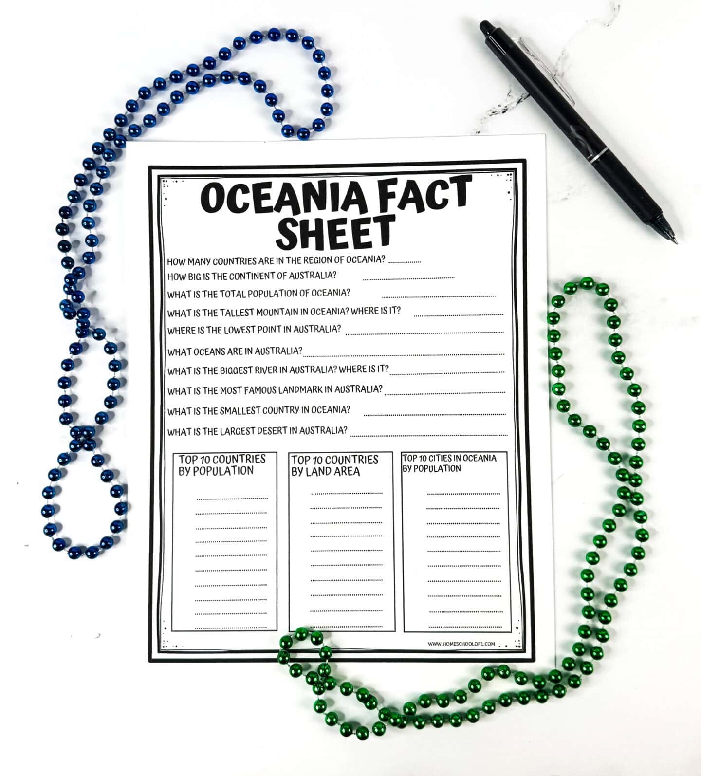 Oceania fact sheet worksheet for kids with Australia geography questions and country research