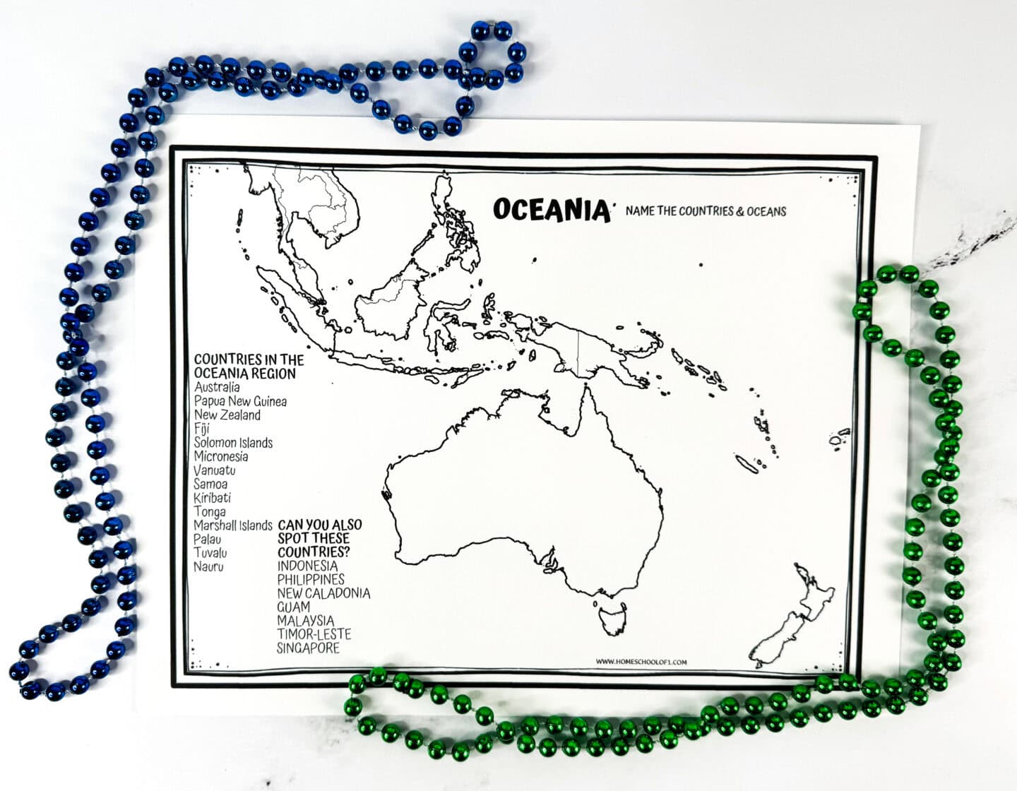 Printable blank map of Australia and Oceania for kids to label countries and oceans