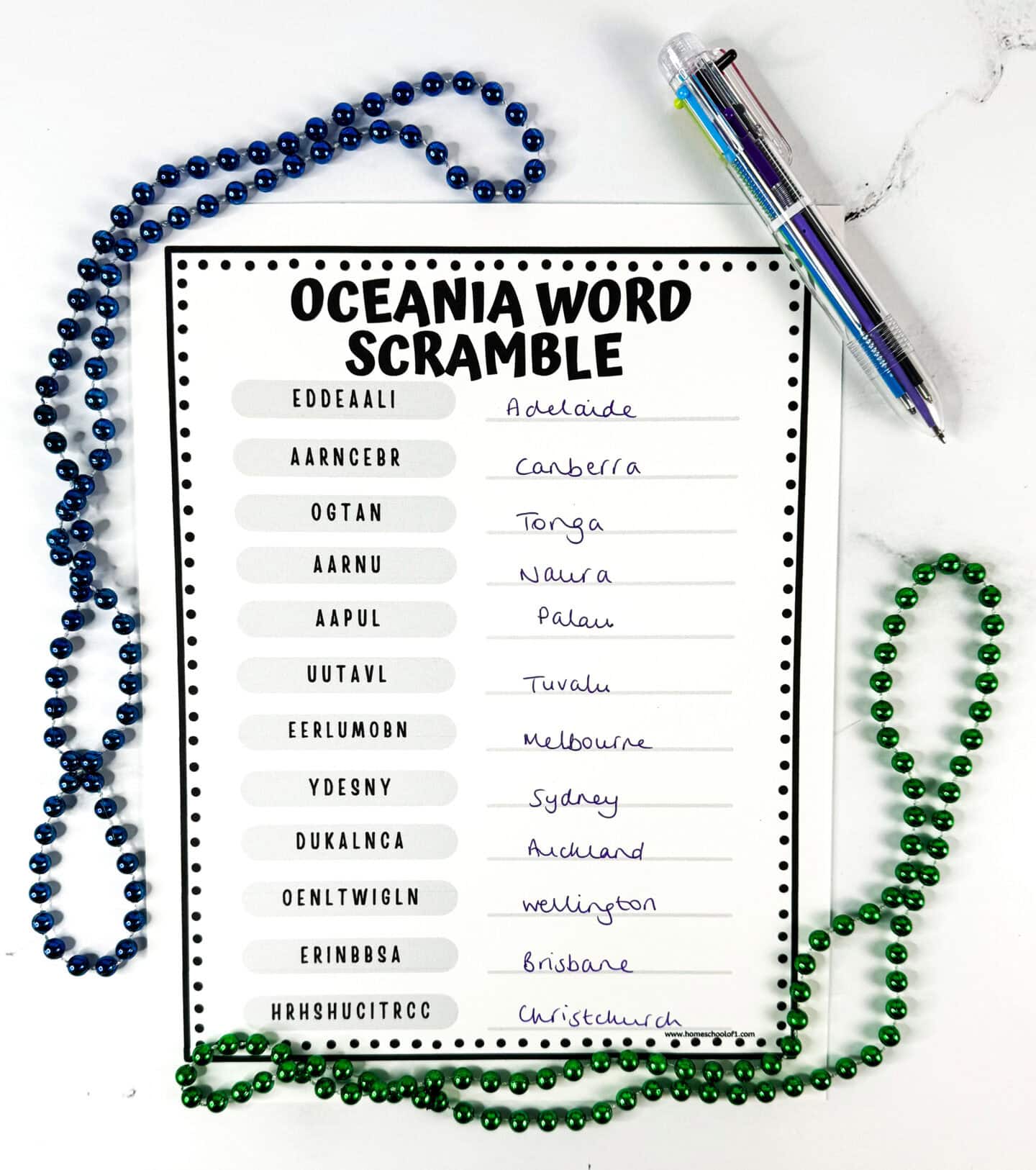 Oceania word scramble worksheet with Australian and Pacific countries and cities