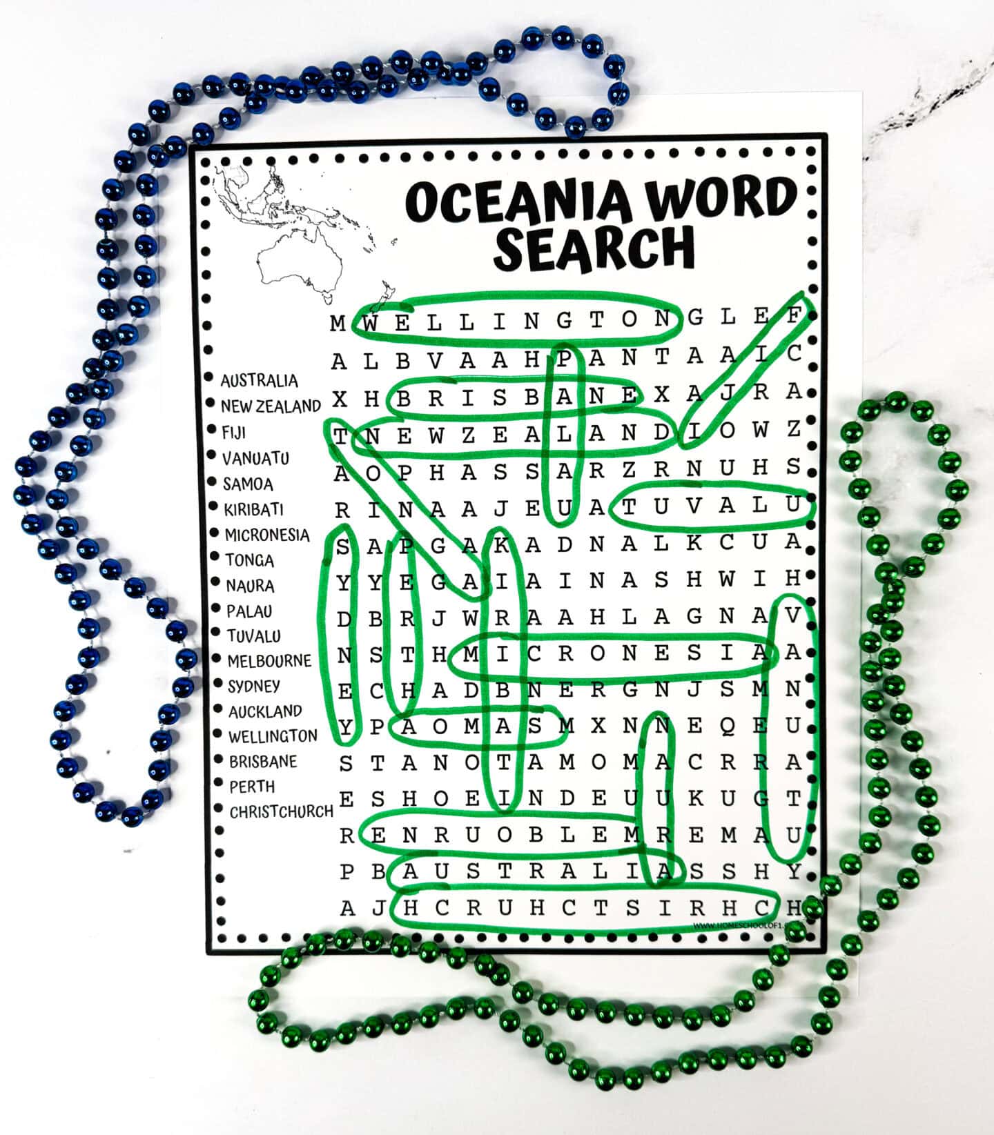 Oceania word search printable with Australia, New Zealand, Pacific countries and cities