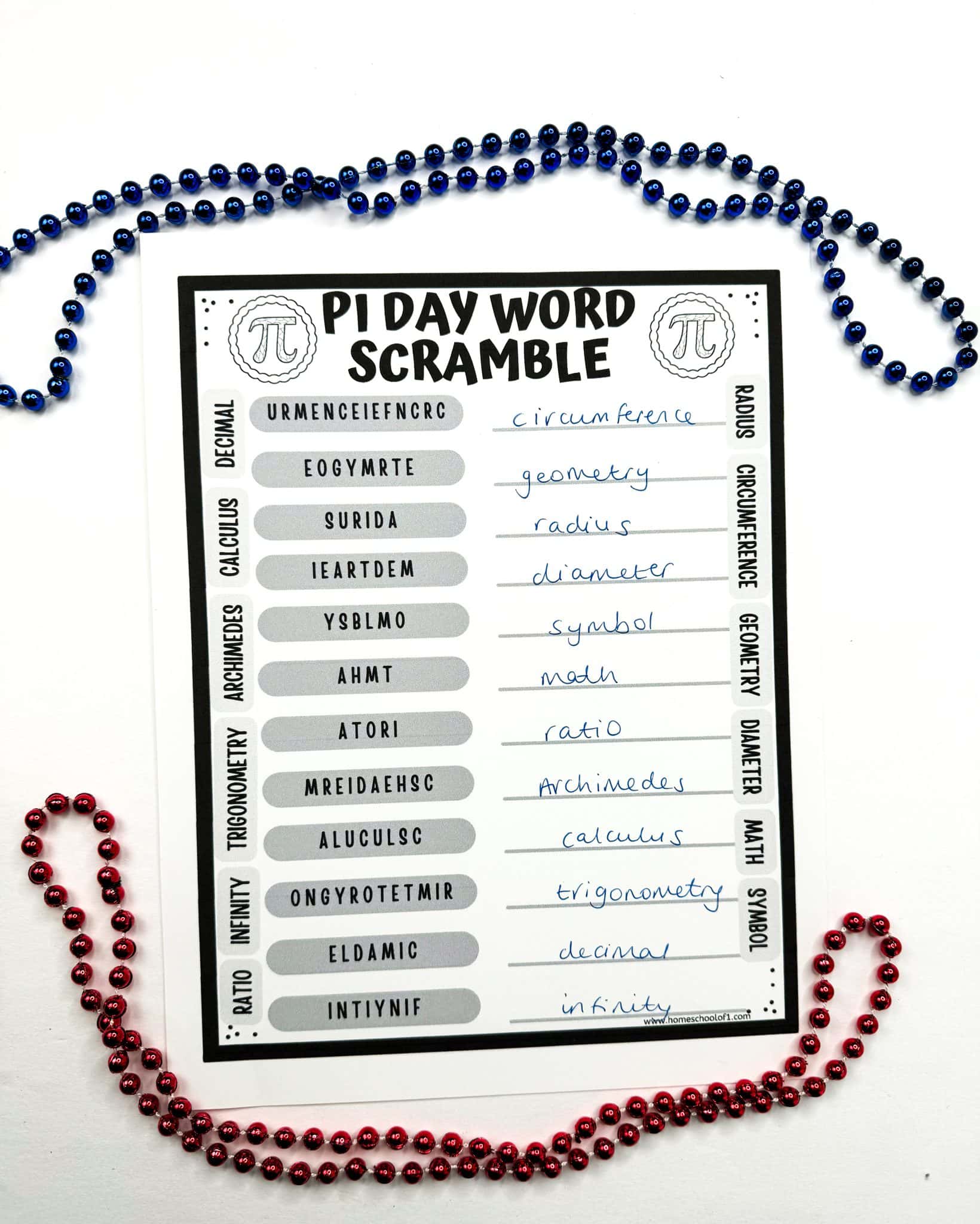 Free Pi Day Word Scramble Printable for Kids
