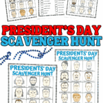 Presidents Day scavenger hunt printable with illustrated portraits of U.S. presidents, matching checklist page, and multiple scavenger hunt boards for kids.