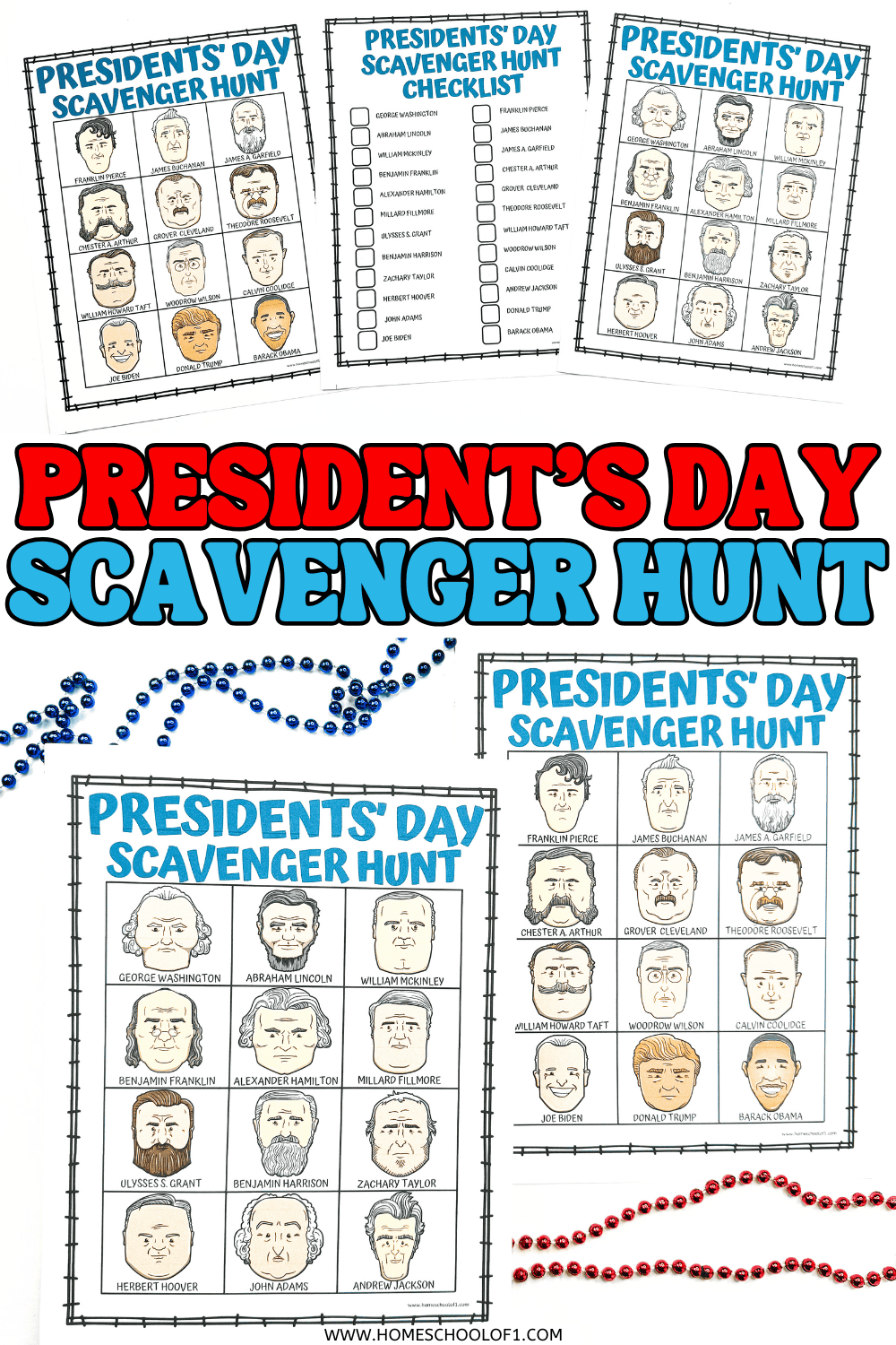 Presidents Day scavenger hunt printable with illustrated portraits of U.S. presidents, matching checklist page, and multiple scavenger hunt boards for kids.