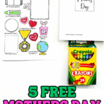 Close-up of a completed “All About My Mom” coloring card where kids can write in fun facts about their mom, next to a simple card that says “Happy Mother’s Day” in elegant script. A 24-pack of Crayola crayons sits below, ready for coloring.