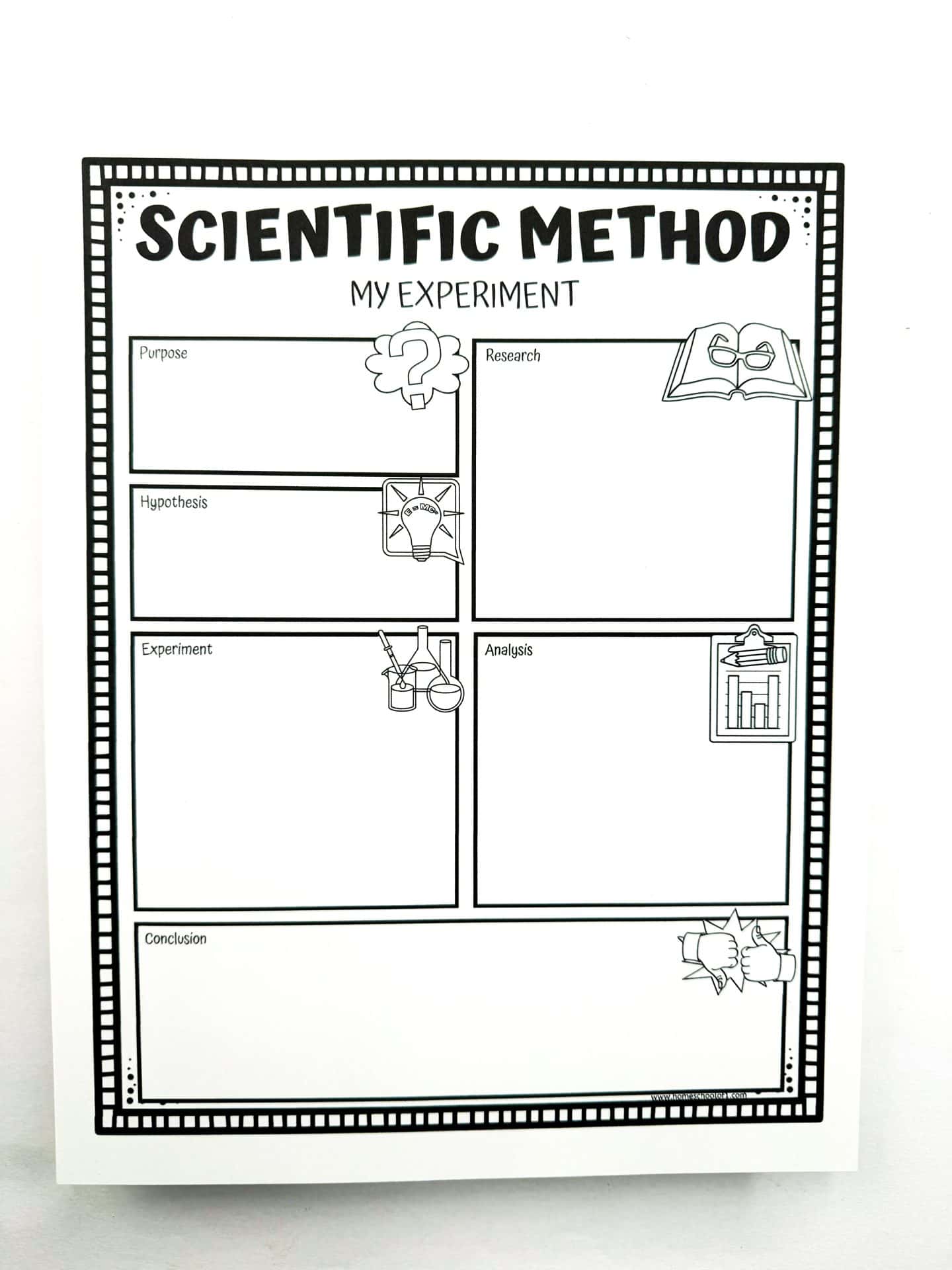 Black and white printable scientific method worksheet for kids with labeled sections for Purpose, Research, Hypothesis, Experiment, Analysis, and Conclusion. Each box includes science-themed icons like a thought bubble, book, light bulb, beakers, graph, and fist bump graphic. Designed for students to organize and document their experiments step-by-step.

