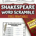 Shakespeare word scramble free printable shown with a red Shakespeare book and completed answers.