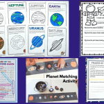 Educational coloring pages and activities themed around space exploration, including planets of the solar system, a ‘If I were an astronaut’ worksheet, Phases of the Moon word search, and a hands-on planet matching activity.