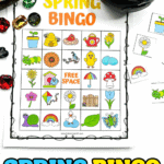 Spring bingo free printable with colorful 5x5 board featuring flowers, rainbow, chick, butterfly, and snail icons.