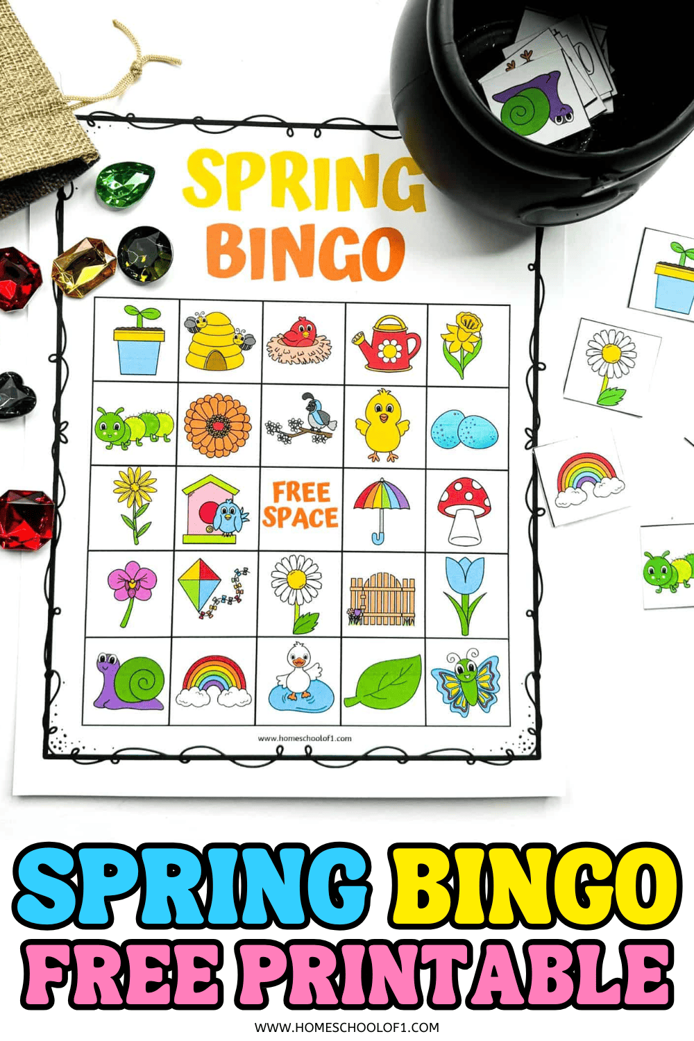 Spring bingo free printable with colorful 5x5 board featuring flowers, rainbow, chick, butterfly, and snail icons.