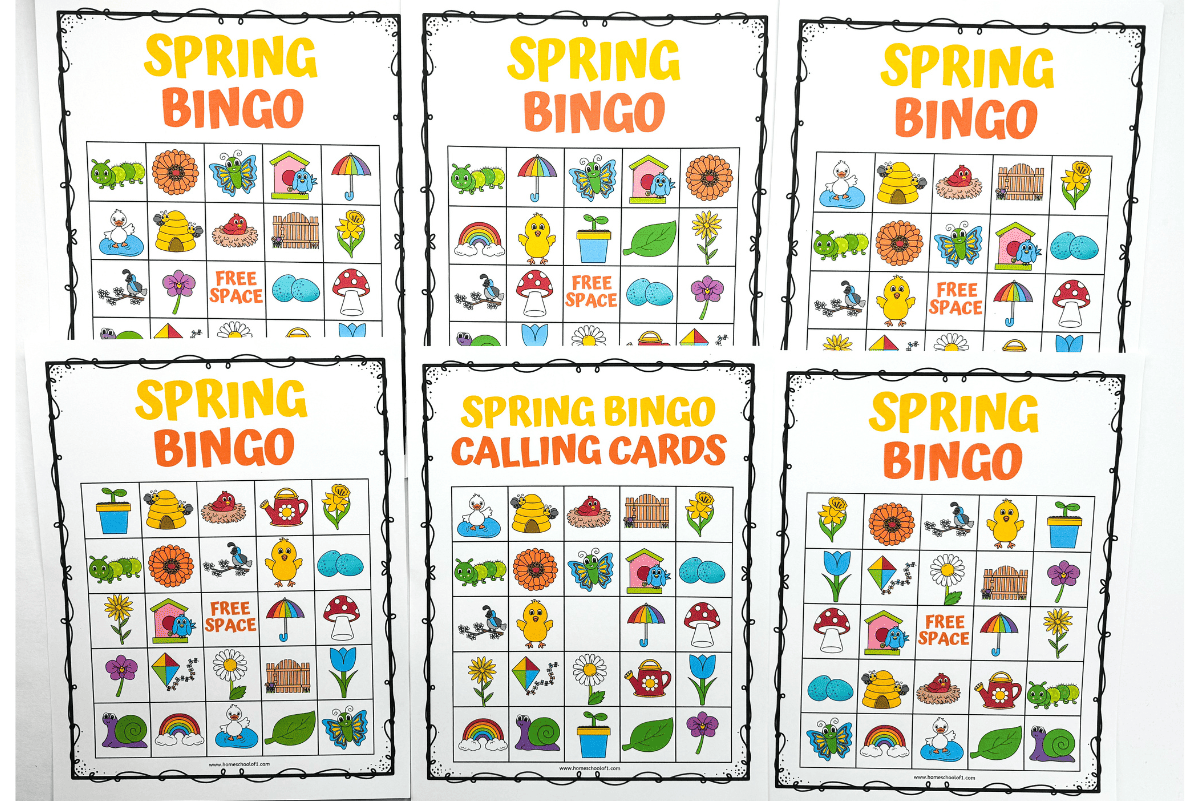 Set of six printable spring bingo game boards and calling cards featuring bright illustrations of spring-themed items like birds, tulips, rainbows, chicks, butterflies, and gardening tools. Designed as an educational and entertaining activity for kids to enjoy during the spring season.