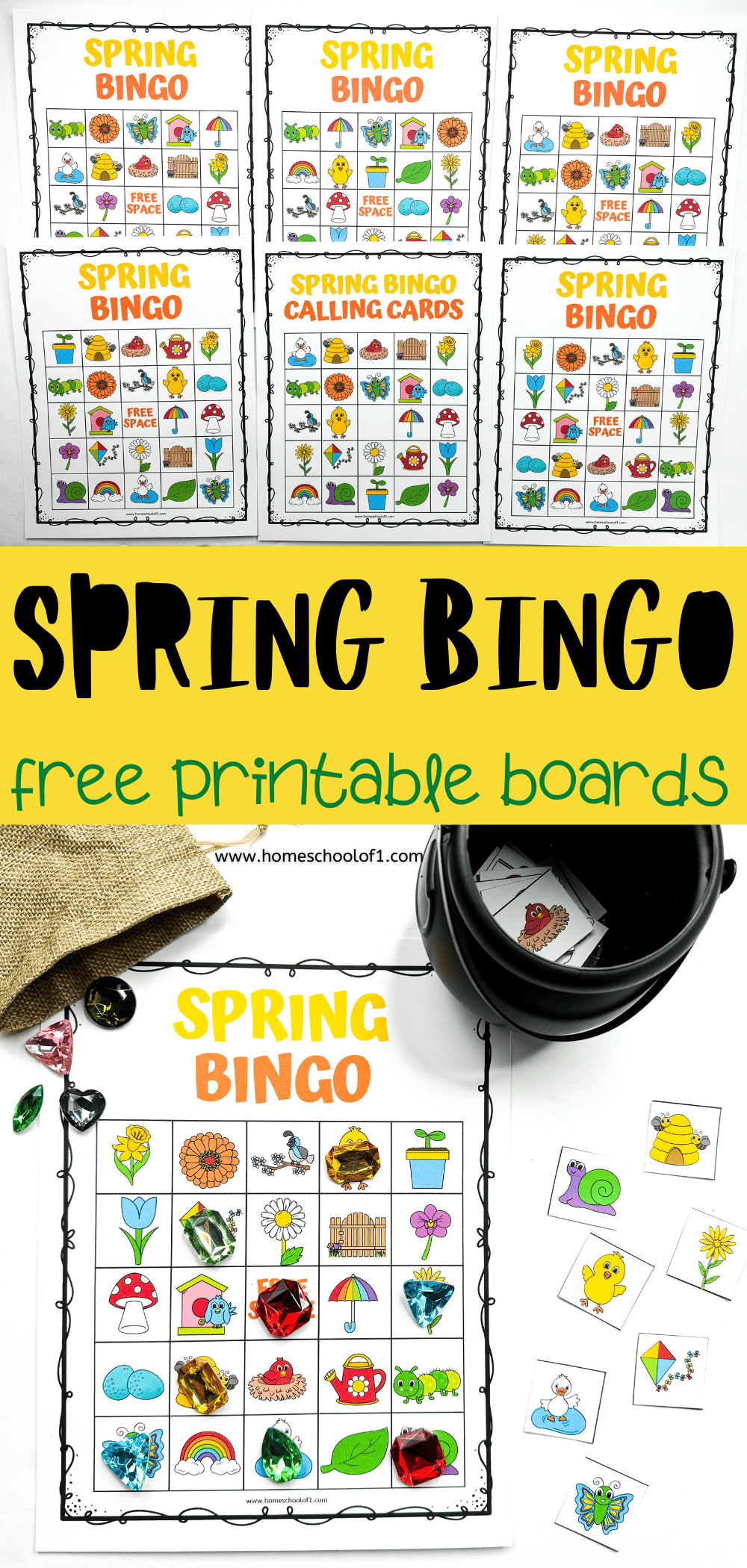 Printable spring bingo game for kids featuring colorful illustrations of seasonal icons like flowers, chicks, rainbows, bees, and butterflies. Includes multiple bingo cards, calling cards, and a finished board with gem markers, making it a fun and educational activity for classrooms or family game night during springtime.