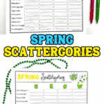 Spring Scattergories printable game sheet featuring seasonal categories and letters LEAF and GROW, shown with colorful pens and spring decorations.