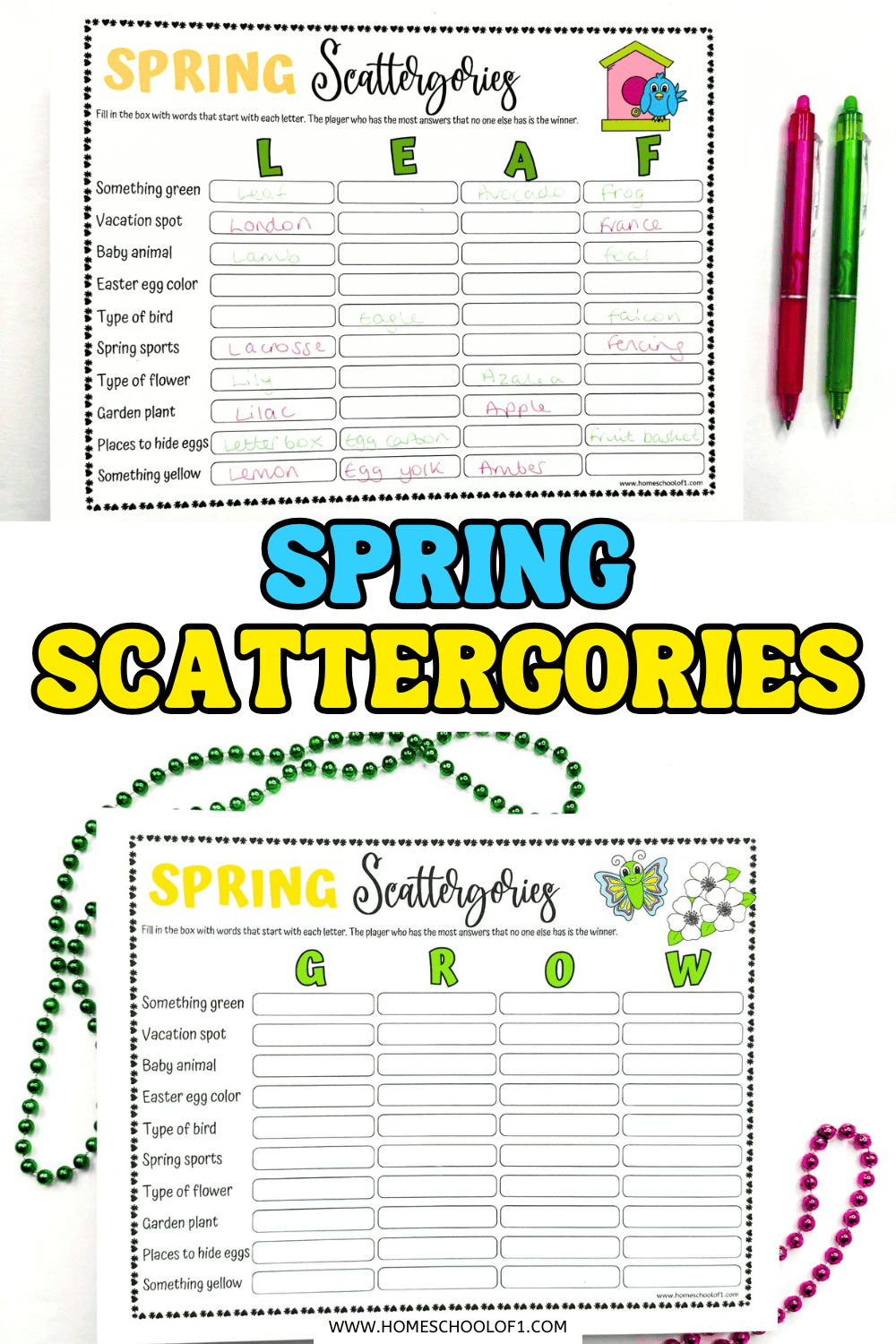 Spring Scattergories printable game sheet featuring seasonal categories and letters LEAF and GROW, shown with colorful pens and spring decorations.