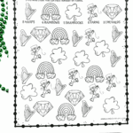 St Patrickโs Day counting worksheet for preschool showing shamrocks, rainbows, harps, leprechauns, and emeralds to count and color.