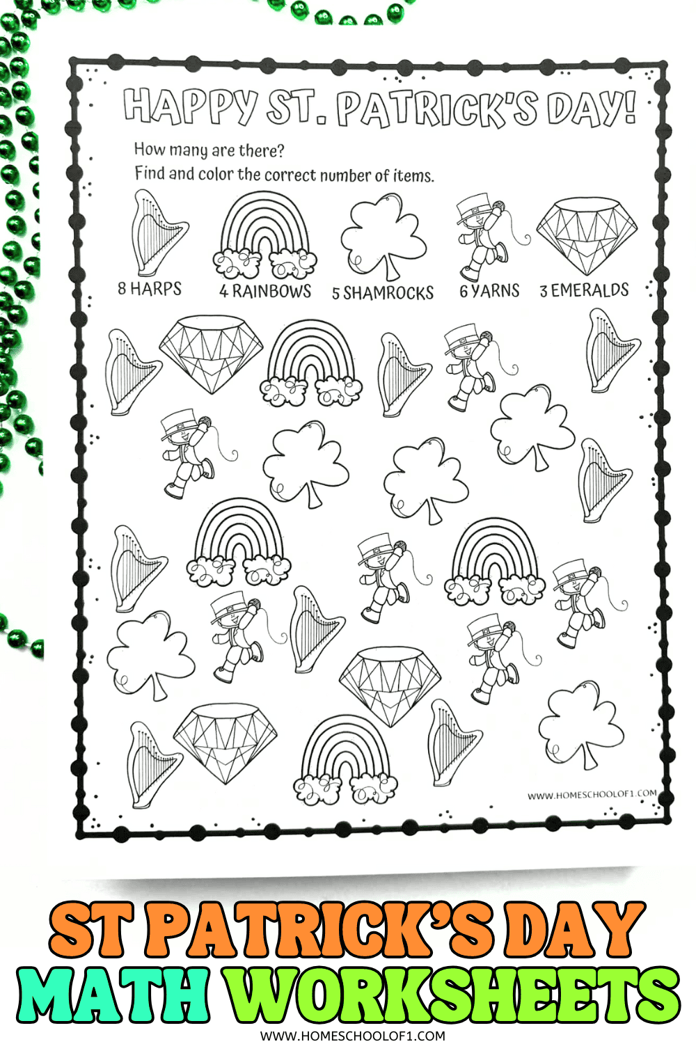 St Patrickโs Day counting worksheet for preschool showing shamrocks, rainbows, harps, leprechauns, and emeralds to count and color.