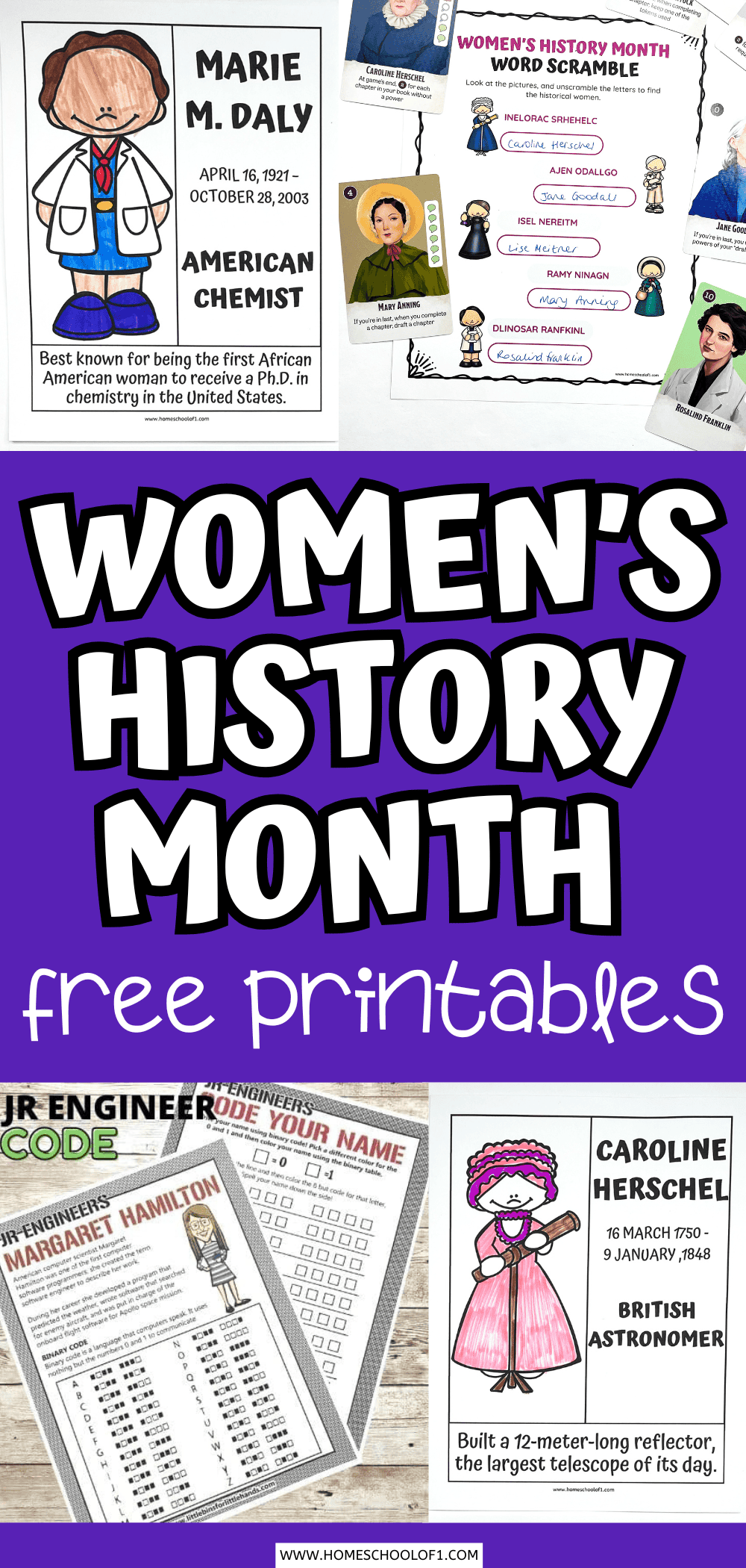 Free Women's History Month printables for kids featuring Marie M. Daly, Caroline Herschel, puzzles, and STEM-themed worksheets.