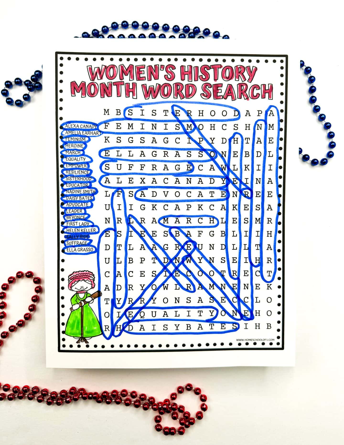 completed women's history month word search showing the answers in blue marker. 