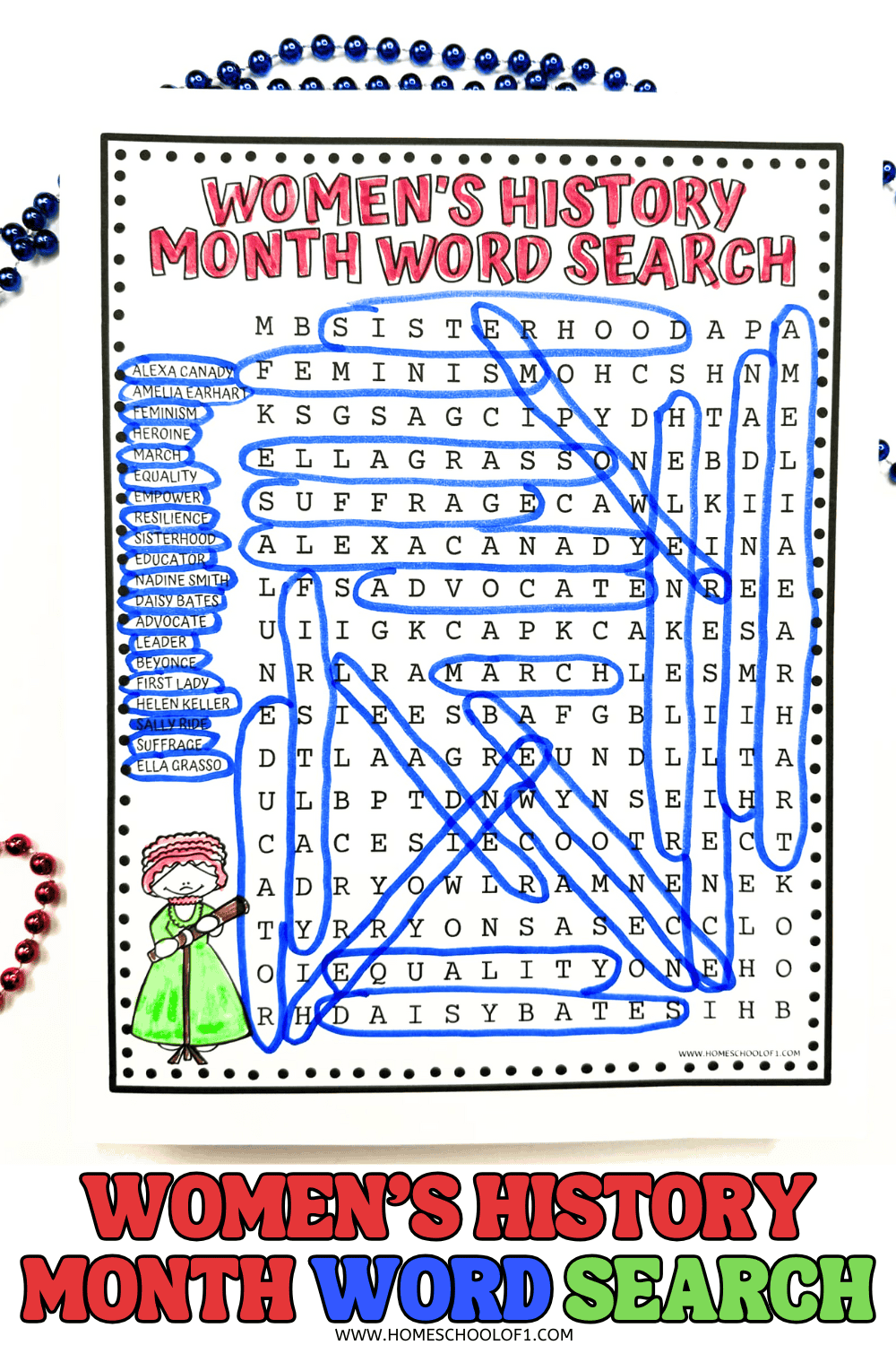 Free Women’s History Month word search printable with names of influential women and themes like equality, suffrage, and resilience circled in blue.