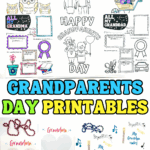 Colorful collage of Grandparents Day printables with handprint art, coloring pages, and all about my grandparent worksheets.