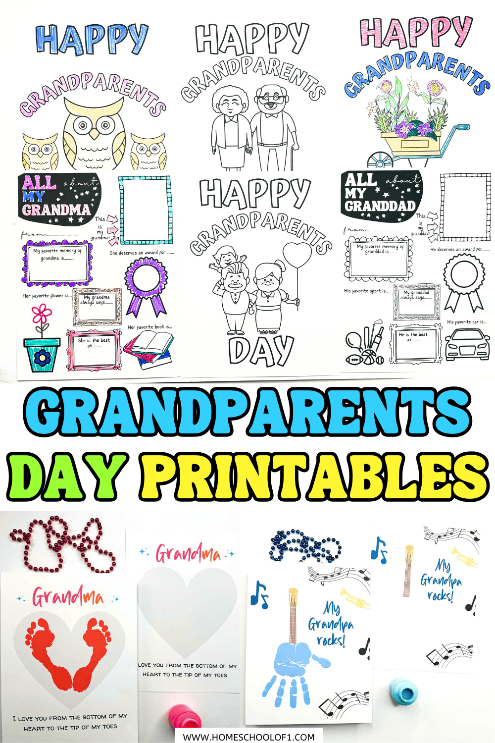 Colorful collage of Grandparents Day printables with handprint art, coloring pages, and all about my grandparent worksheets.

