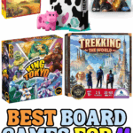 Collage of fun board games for 11 year olds including Catan, Herd Mentality, King of Tokyo, Trekking the World, and Harry Potter Trivial Pursuit.