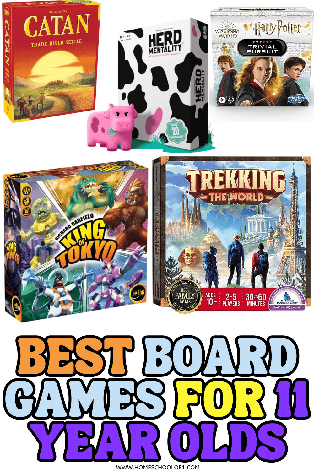 Collage of fun board games for 11 year olds including Catan, Herd Mentality, King of Tokyo, Trekking the World, and Harry Potter Trivial Pursuit.